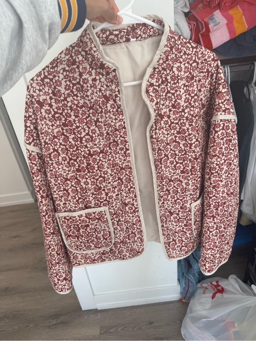 Women's Quilted Floral Jacket in Red/Pink and Cream